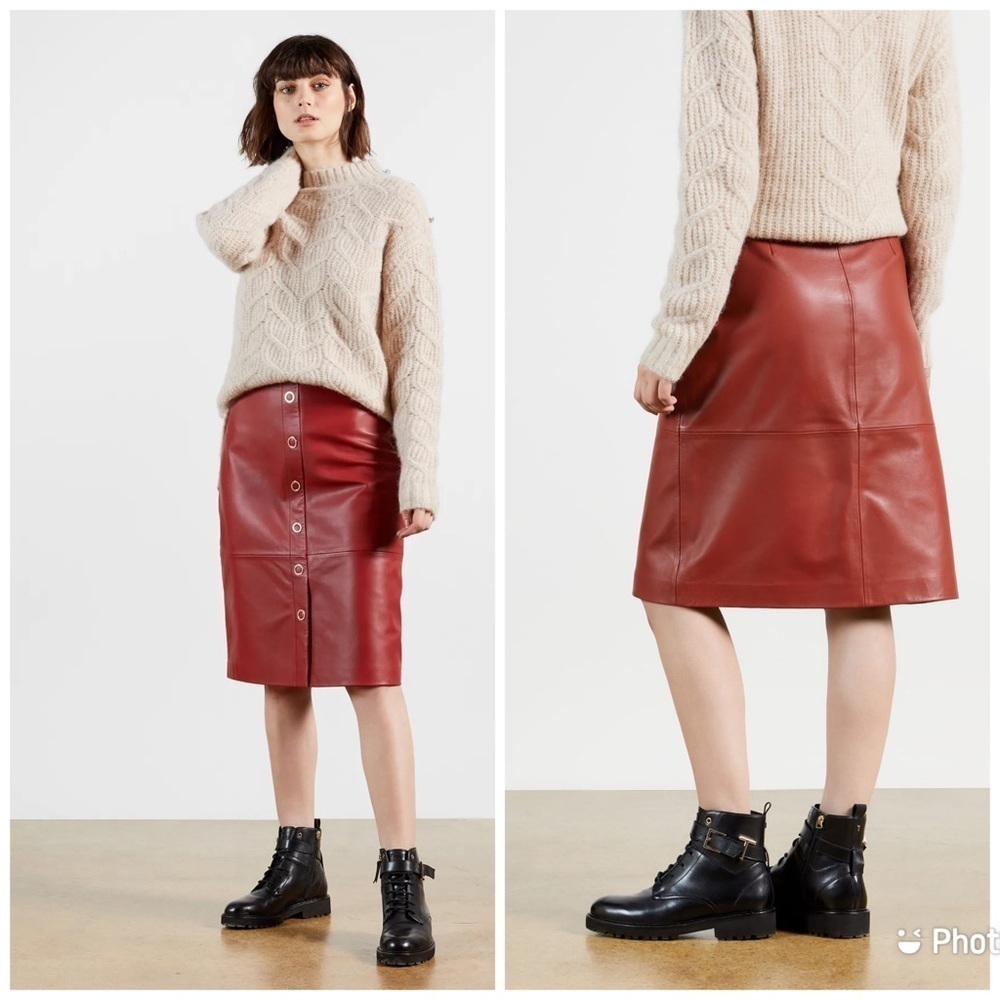 Ted Baker Red Leather Midi Skirt Sz 10
